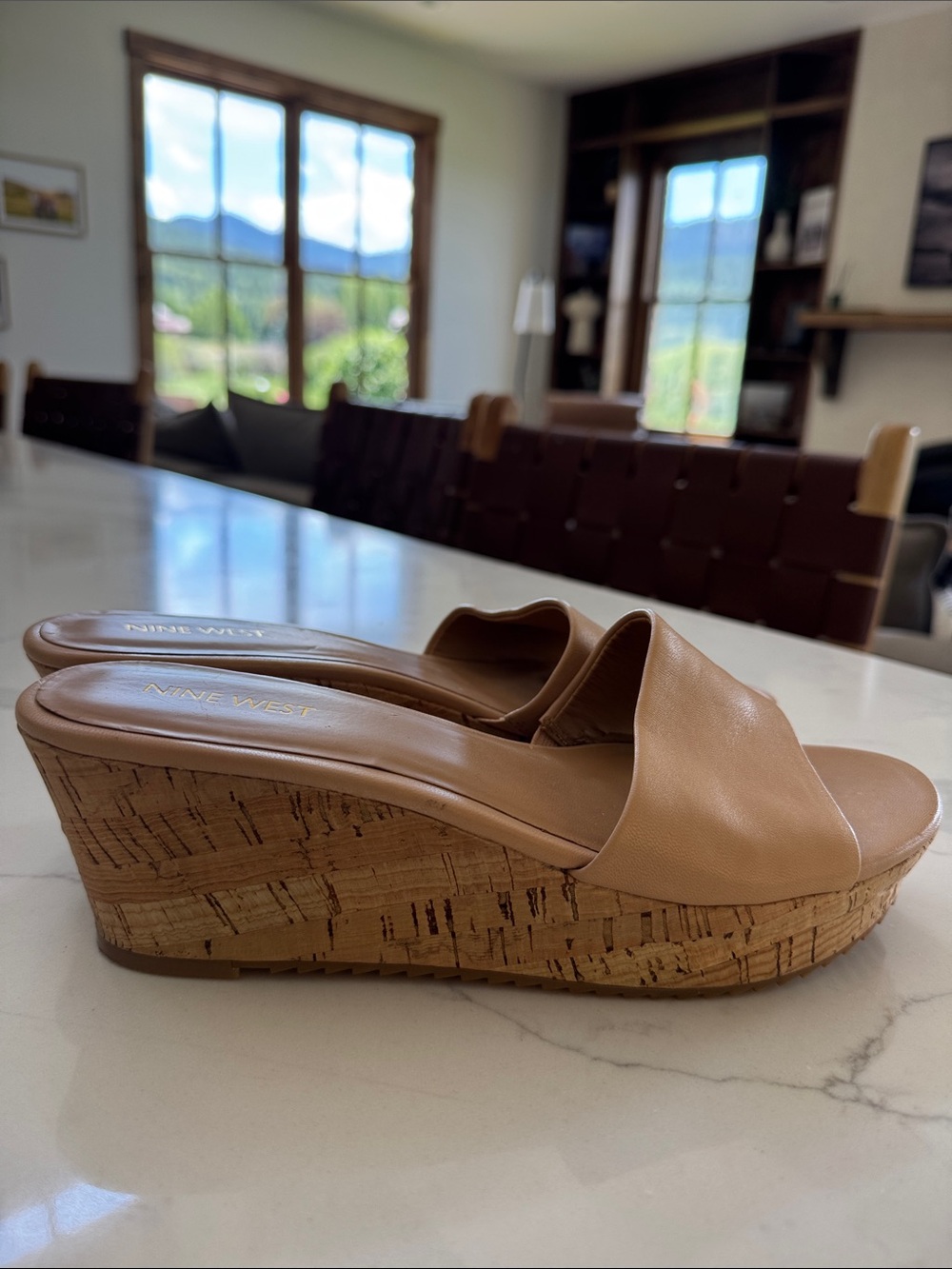 Nine West Beige Leather Cork Wedge Slides - Picture 3 of 4